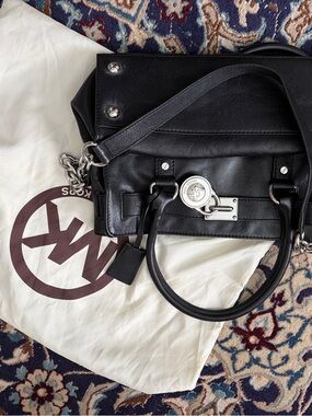 Michael Kors Black Leather Top-Handle Satchel with Silver Hardware